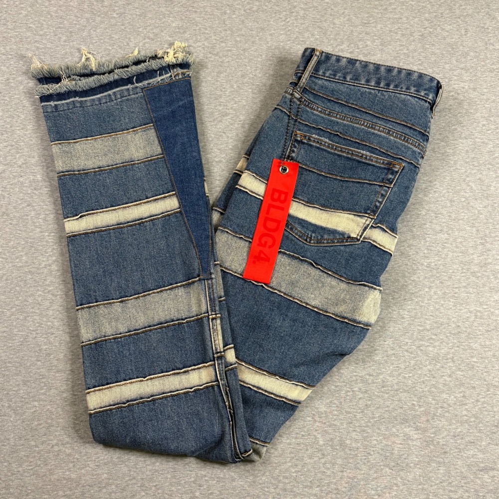 BLDG4. Mens Stack Denim Paneled Raw Hem Flared‎ Jeans Blue Size 32